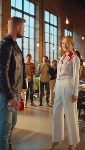 He didn’t come alone. He came loud. Midday. Glass-walled startup office. Desks full. Phones out. Her ex burst in with his friends and deliberately splashed red paint across her blazer and the company logo behind her. He shouted, “I dumped you. Everyone should know. This is what you deserve.” The room went silent. She didn’t scream. She didn’t run. She tore the paint-stiff jacket open, looked him straight in the eye, and said calmly: “Thank you. This just became evidence.” He laughed. “Evidence o