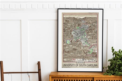University of South Carolina Map Art Print: Hand-drawn Carolina Decor - Etsy