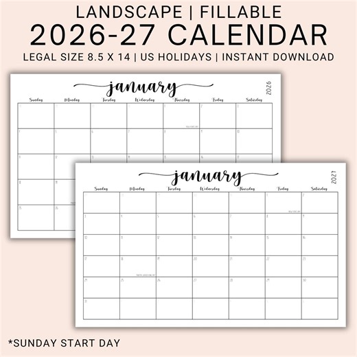 2026-2027 編集可能なカレンダー PDF | 記入可能な月間プランナーページ | リーガルサイズレイアウト | 印刷可能なスケジュールオーガナイザー | ダウンロード | CFWNH - Etsy 日本