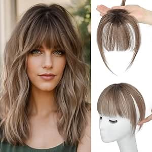 Ms Taj 360° Cover Clip in Bangs Real Human Hair, Ombre Brown, Natural Look Clip in Hair Extensions for Women, Fake Bangs for Daily Use