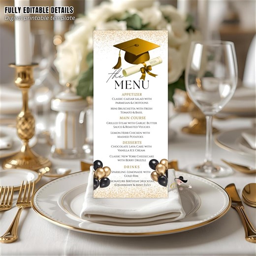 Graduation Party Menu, White Gold Senior Grad Dinner Menu, Commencement Menu, Class 2026 College Graduates Brunch Menu Printable Template - Etsy