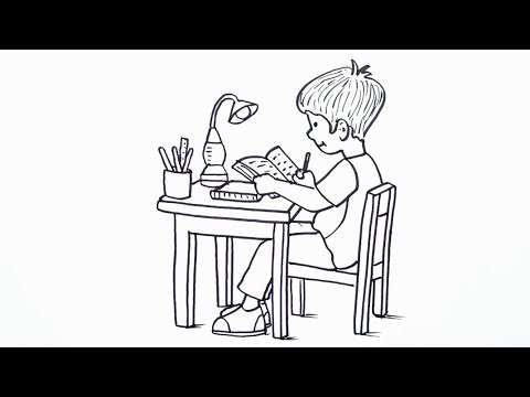 How to Draw a Boy Studying at a Desk. Draw a Study Table with Boy. Draw Study Time Scene.