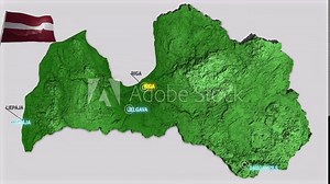 Seamless looping animation of the earth zooming in to the 3d map of Latvia with the capital and the biggest cites in 4K resolution