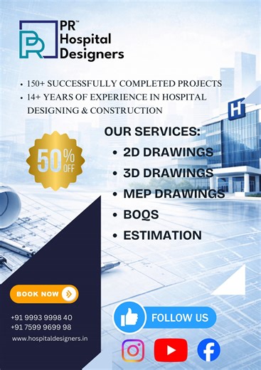 Hospital Designers on Instagram: "PR Hospital Designers - Experts in Hospital Architecture & Construction Flat 50% Discount on Design Services - Limited Time Offer! With 150+ successfully completed hospital projects and 14+ years of experience, we specialize in designing modern, efficient, and fully compliant healthcare spaces. 🔹 2D & 3D Hospital Drawings 🔹 MEP Drawings 🔹 BOQs & Accurate Estimation 🔹 End-to-End Hospital Planning & Construction From concept to completion, we build hospitals t