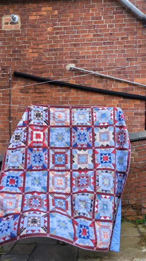 Quilt number 2 from biggest order ever! This one has a garnet sashing to match the late father's favourite team colours & the prettiest blue chambray for the back, teamed with a lovely tartan binding. Double sized, nova star memory quilt, made from a late father's shirts. #novastarquilt #memoryquilt | Massey Makes