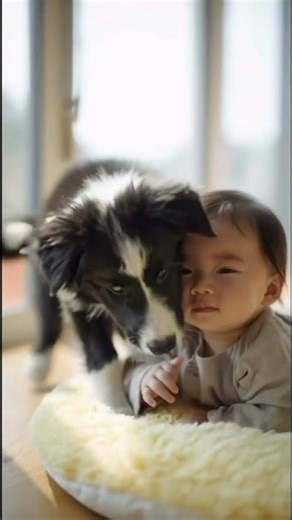 A baby girl plays on a mat while a Border Collie puppy gently watches, creating a warm family moment
