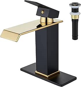 Gold Waterfall Bathroom Faucet，Brushed Gold Single Handle Bathroom Sink Faucet，Modern Gold Lavatory Vanity Faucet 1 Hole or 3 Hole Deck Installation with Metal Pop Up Drain & Supply Hoses