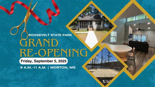 🎊NEW DATE: Roosevelt State Park Grand Re-Opening🎊 You're invited to celebrate the re-opening of Roosevelt State Park's CCC Campground, R.O. Hannah Campground and CCC Cabins on Friday, September 5 from 8-11 a.m. in Morton! Join us for refreshments, tours of the newly-renovated cabins and upgraded campsites, and more. Welcome to the new era of Mississippi State Parks! #MSStateParks #RooseveltStatePark | Mississippi State Parks