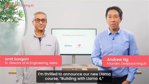 Take your AI development skills to the next level with our latest course on Deeplearning.ai, "Building with Llama 4", taught by Andrew Ng and Amit Sangani, Director of Partner Engineering for Meta's AI team. In this comprehensive course, you'll learn how to harness the power of Llama 4, which enables deployment easier than before and achieves more advanced multi-modal understanding by prompting over multiple images. You'll discover how to: - Build applications that reason over visual content, de