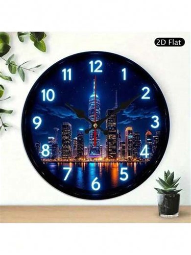 1 Piece Modern Neon Style Night City Skyline Wall Clock With Blue Luminous Surface And Black Pointer-10X10 Inch Round Mute No Tick Wooden Frame Wall Clock, Suitable For Home, Office, Cafe, Bedroom, Living Room Decoration-Ideal Birthday/Christmas/New Year Gift (Minimalist Black And Blue Design)- 2D Flat Theme, Large White Digit And Black Hour Hand, Perfect Wall Art And Decoration, Fashion Wall Clock, Living Room Wall Clock, Large Decorative Clock, Living Room Wall Clock, 2D Plane,Battery Operated