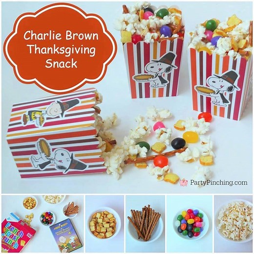CHARLIE BROWN THANKSGIVING SNACK MIX! So easy and fun for the kids! http://www.partypinching.com/tutorials/charlie-brown-thanksgiving-snack/ | Party Pinching