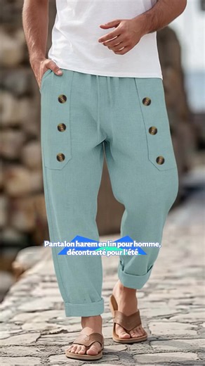 Pantalon harem en lin pour homme, short de plage d’été décontracté, coupe ample avec cordon de serrage et double bouton, pantalon vacances léger et respirant à taille basse #twopieceloungewear #sportswear #highwaistsportswear #sweatpantsset #mensuits #fashionmen #loungewearoutfit #menssummerclothes #fashionnovajeans #menstylefashion