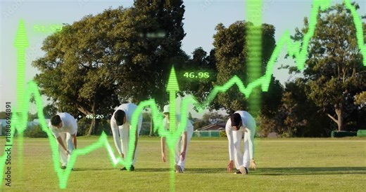 Cricket players moving on pitch stopping, picking balls while neon graph showing stats during drill