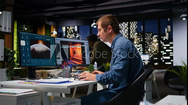 Expert works with AI game hub and turbine to develop futuristic Mars station. Neural networks powered software uses automation and deep learning to generate game environments and tools. Camera A.