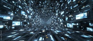 Cyberspace digital virtual dimension with screen display. Future time teleport portal. Generative video AI technology.
