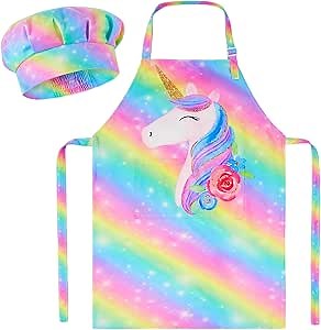 MHJY Kids Apron and Chef Hat Set, Child Aprons for Cooking Baking Painting Cute Toddler Girls Apron with Pockets 3-12 Years