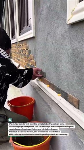 Perfect Exterior Wall Tile Installation with Leveling Clips! 🧱✨ #TileWork #Construction #Masonry