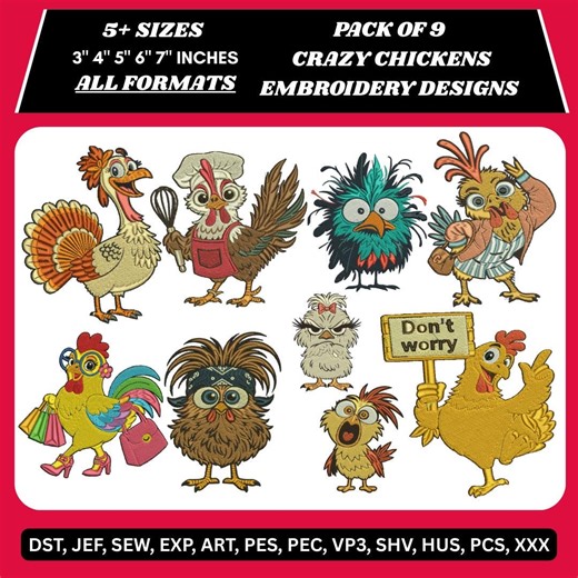 12  Funny Chicken Machine Embroidery Bundle Crazy Chickens Embroidery Designs Farm Chicken Collection | All Formats | Digital Download - Etsy