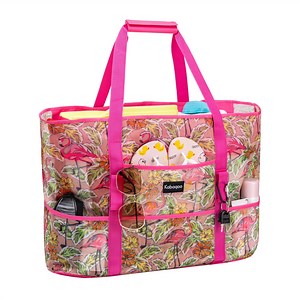 Kabaqoo Mesh Beach Bag With Pockets & Zipper, Lightweight Shop Grocery Bag Flamingo