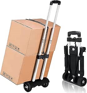 Folding Luggage Cart with Expandable Base Plate,2 Wheels Aluminium Alloy Drawbar Folding Hand Truck Dolly,Collapsible Light Duty Dolly for Moving Shopping Travel Office Use,50lbs(Silvery Drawbar)