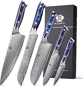 WILDMOK Chef Knife Set 5 Pcs, Damascus Knife Set With Gift Box, Contains: Chef's Knife, Santoku Knife, Bread Knife, Utility Knife, Paring Knife，Ergonomic Resin Handle, Gifts for Fathers Day