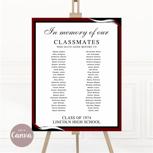 Class Reunion in Memory of Board, Printable Canva Template, Memorial Poster, Idea Deceased Classmates Editable Instant Digital Download Sign - Etsy