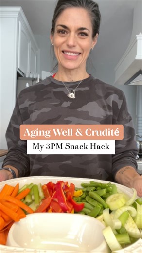 Juliana Spaven - how to age well naturally on Instagram: "Steal my current snack hack gamechanger. It’s honestly astonishing how fast veggies will disappear, crowding out those pantry treats with high-fiber, low-calorie choices without even trying. The crudité plate keeps me aligned with healthy eating strategies that help me aging well while giving me the chance to pass on the same to my kids. Try it and tag me if you make your own board! 🫶 #agingwell #veggieplatter #smartereating #snackhacks"
