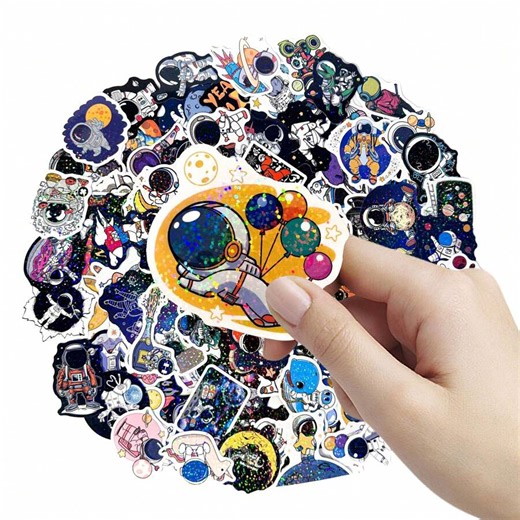 1 Set Of 100pcs Holographic Astronaut Stickers & 100pcs Cartoon Moon & Space Themed Suitcase Graffiti Decals, Laptop And Ipad Waterproof Decorative Decal,Back To School