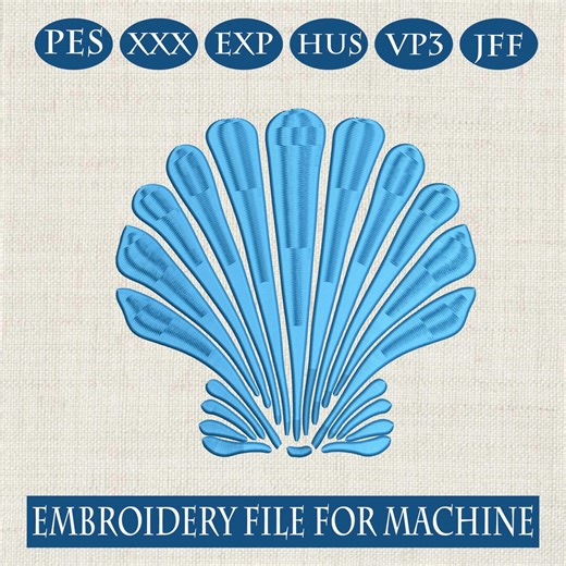 Scallop Shell Embroidery Design, Minimal Coastal Shell Fan Shape Ocean Inspired Art, Beach Nautical Theme