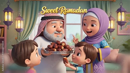 Chubby 3D grandpa handing dates to smiling grandchildren grandma laughing beside him pastel interior cozy bouncy idle motions warm lighting