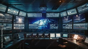 A busy control room with numerous monitors showcasing live data and information, Celebration of a successful space mission in a control room