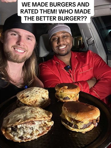 Episode 70 of cooking for each other and rating it 👀 Burger Edition Pt 4🍔😳 Leave a comment letting us know what we should cook each other next 🖤 #burgers #foodtok #foodbattle #foodreview #cookoff