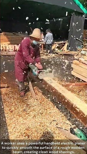 The process of planing a rough wooden beam with a hand planer