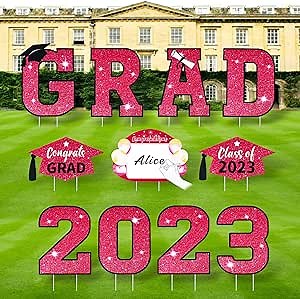 11 Pieces 2023 Graduation Yard Sign Decorations Congrats Graduation Lawn Signs 2023 Grad Yard Signs with Stakes for Outdoor Congrats Graduation Party Decoration Supplies (Pink)