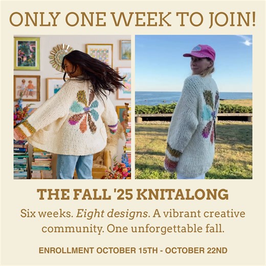 📣 Calling all Knitters…. It’s time for our favorite fall tradition: THE 2025 FALL KNITALONG! 🧶 Every autumn, something magical happens around here. ✨ For 6 weeks, we come together to knit in community, learn new techniques, and celebrate creativity in the coziest way possible. (It’s kind of like the knitter’s version of the Super Bowl 😉). And I’d love for you to join us this year! 💜 Registration is now open, through October 22nd! Think of it as part workshop, part creative retreat, part dail