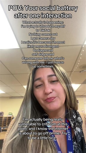 POV: Your social battery after one interaction What actually is happening: I’m trying to introduce myself to TikTok-Nothing comes out. I get camera shy, and realize it’s because I’m most likely neurodivergent Undiagnosed self diagnosed Can someone tell me what’s wrong with me- I just freeze up sometimes I’m actually being really vulnerable to criticism at this point, and I know the internet is about to go off on me. Try to be a little nice. 🙏🏽 #intros #introvert #neurodivergent #fyp #camerashy