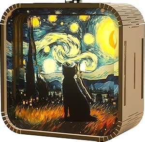 3D Wooden Puzzle Night Light,DIY Craft for Adults with Touch Night Light, Chrismas, New Year, for Teen, Desk Decor for DIY Puzzle Lovers, Men and Women (Van Gogh's Cat)