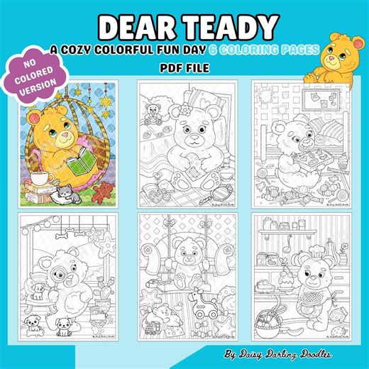 Fuzzy Comfort Teddy Bear Coloring Pages, 6-page Printable (PDF Download 8.5 X 11) - Etsy