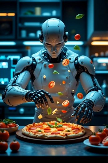 Cyborg Prepares Futuristic Pizza with Floating Ingredients | AI Generated Short