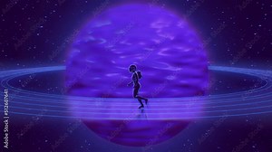 looped 3d animation of an astronaut running through the rings of the planet against the background of space