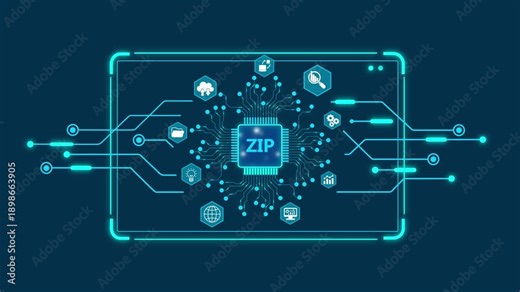 Z I P file concept with circuit board and representing digital data compression and transfer zip file