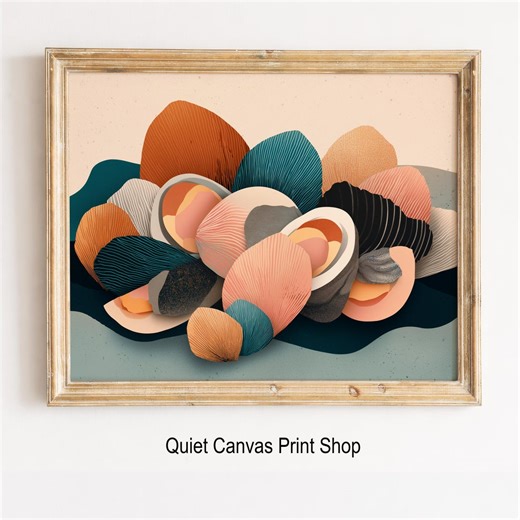 Coastal Oyster Shells Abstract Art Print – Muted Coral Teal Beachy Decor (digital Download) - Etsy