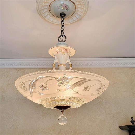 692c Antique Vintage 1930's 40's Ceiling Light Lamp Fixture Glass Shade Porcelain Chandelier Cabbage Rose Victorian - Etsy