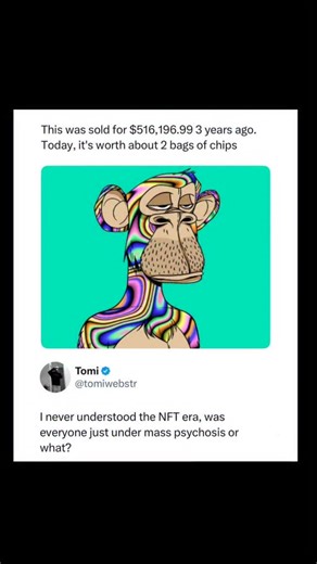 Johnny Bravo Explains Memes on Instagram: "Hey everyone, Johnny here to explain. The meme is dunking on the NFT boom-and-bust by showing a Bored Ape–style NFT that once sold for an absurdly precise half-million dollars and joking that it’s now worth “about 2 bags of chips,” which is hyperbole for “basically nothing,” and the bored, unimpressed ape face visually reinforces the regret and anticlimax; the tweet underneath voices the collective hindsight reaction—“was everyone under mass psychosis?”