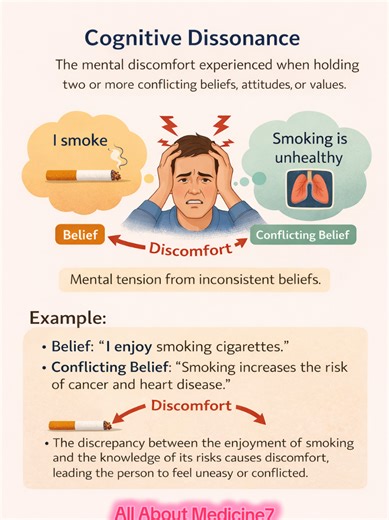 🧠 Cognitive Dissonance – When Your Mind Disagrees With Itself Ever felt uncomfortable because your actions don’t match your beliefs? 😵‍💫 That’s cognitive dissonance — the mental stress that happens when you hold two opposite ideas at the same time. Example: “I enjoy smoking” 🚬 but “Smoking is harmful” 🫁 Your brain tries to reduce this conflict by making excuses, changing beliefs, or changing behavior. ✨ Understanding it = first step to changing habits! #nurselife #psychologist #creatorrewar