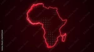 Neon Red Africa Map Borders Outline Loop Background. Neon Red Colored Africa Map Borders Outline Seamless Loop Dark Background. Africa Neon Map Borders Outline.