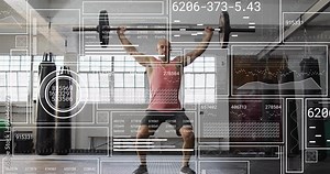 Animation of diagrams and data processing over caucasian strongman lifting weight bar