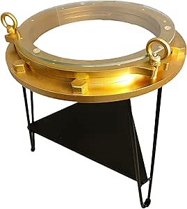 DRH - Nautical Wood Ship Porthole Table - Gold Color with Black Metal Legs - Round Accent Table for Beach House and Boats - Coastal Theme - Perfect as Coffee Table and End Table