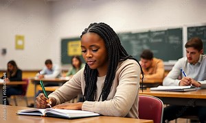 Student focused on note-taking during a classroom lecture in a modern educational setting at a university campus