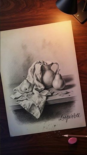 Hyperrealistic AI-Generated Pencil Still Life | Pears, Ceramic Pitcher & Draped Fabric